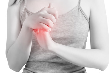 Acute pain in a woman hand isolated on white background. Clipping path on white background.