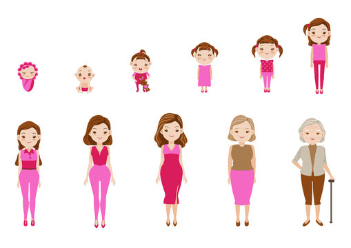 female Aging of female  characters,cycle of life from childhood to old age.Vector, illustrations