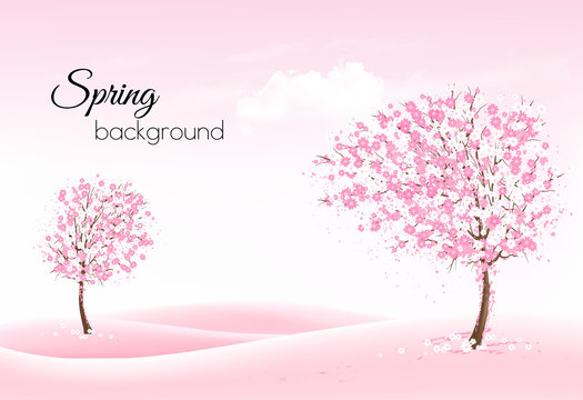 Beautiful spring nature background with a blossoming trees and landscaper. Vector