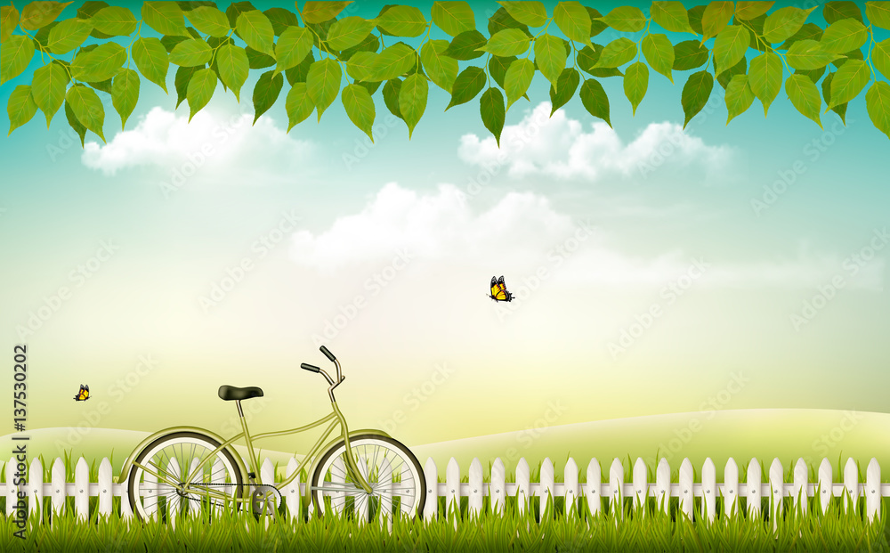 Poster spring nature meadow landscape with a bicycle. vector.