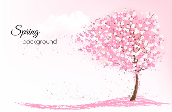 Spring nature background with a pink blooming sakura tree. Vector.