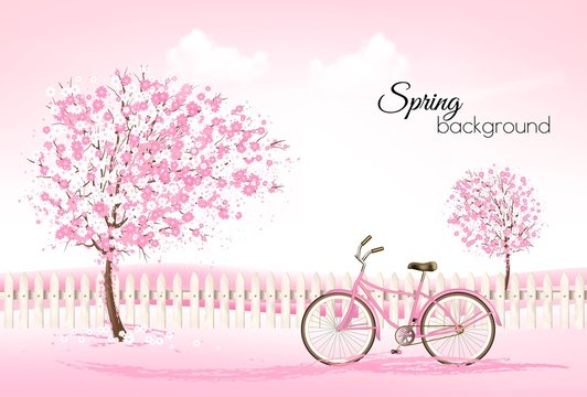 Beautiful spring nature background with a blossoming trees and bike. Vector.