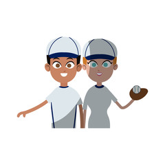 boy and girl with baseball sport equipment over white background. colorful design. vector illustration