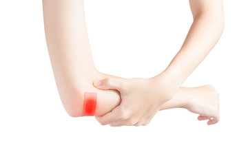 Acute pain in a woman elbow isolated on white background. Clipping path on white background.