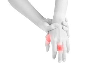 Acute pain in a woman finger isolated on white background. Clipping path on white background.