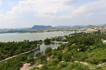 Fototapeta na wymiar Aerial view of Udaipur, the beautiful Lake city of Rajasthan from the Monsoon Palace.