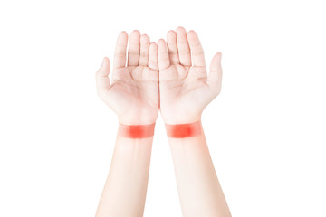 Acute pain in a woman wrist isolated on white background. Clipping path on white background.
