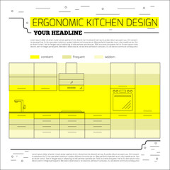 Infographics: ergonomics kitchen design. Vector illustration in line style on white background. Space for your text...