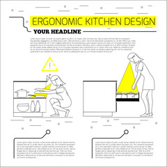 Infographics: ergonomics kitchen design. Vector illustration in line style on white background. Space for your text.