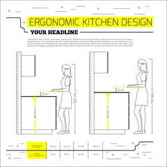 Infographics: ergonomics kitchen design. Vector illustration in line style on white background. Space for your text.