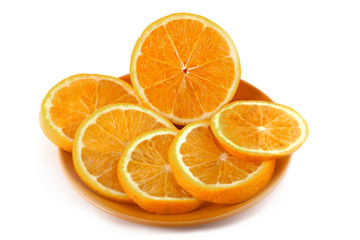orange sliced on a plate isolated on white background