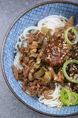 Dan Dan mian- a traditional noodle dish from Sichuan Province in China. Close up 