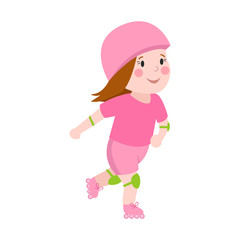 Roller beautiful girl funny sports character skating outdoor summer children hobby and cute young female in pink skates, hat happy leisure skater vector.