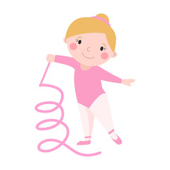 Girl young sport cute gymnast with ribbon flexibility gymnastic strength teenager doing dance and rhythmic performance female character vector illustration.