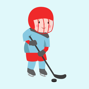 Hockey player boy with stick attitude bandage on face winter sport athlete uniform in helmet equipment and cute pretty tough confident smiling male vector.