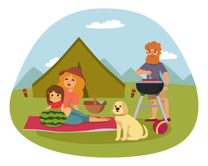Obraz na płótnie Canvas Picnic setting with fresh food hamper basket barbecue resting couple and summer meal party family people lunch garden character vector illustration.