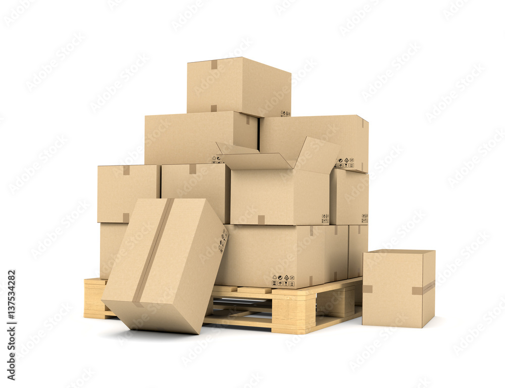 Poster rendering of several carton boxes stacked evenly on a double-decked pallet