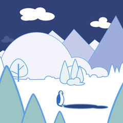 A lone penguin in the wilderness contemplating a large puddle. He is surrounded by trees and mountains and igloo looking hills  below a dark sky with clouds floating by.
