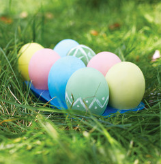Easter eggs on green grass. Easter holidays concept