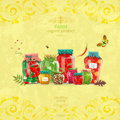 jars with yummy pickled foods on shabby chic background for your