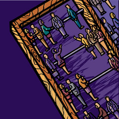 Business people, in various states of communication replace the beads on an abacus.
