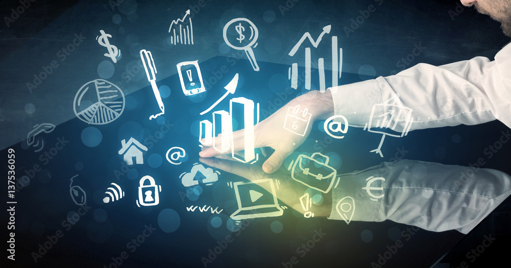 Poster Man touching technology smart table with business icons
