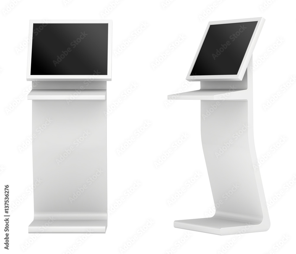 Poster information terminal. interactive kiosk on white background. 3d rendering.