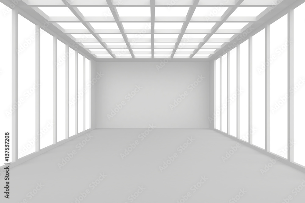 Poster abstract architecture white room interior with walls and ceiling from window, without any textures, 