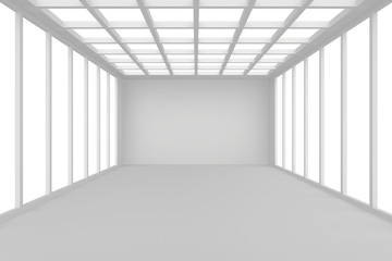 Abstract architecture white room interior with walls and ceiling from window, without any textures, 3d rendering.