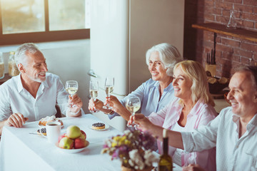 Fototapeta na wymiar Positive aged couples enjoying festive dinner