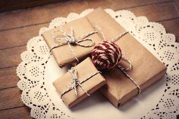 gifts and ball on napkin