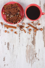Fototapeta na wymiar Black coffee, dark cake with chocolate, cocoa and plum jam, copy space for text