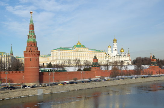 Beautiful views of Moscow Kremlin and Kremlevskaya embankment a Sunny winter day, Moscow, Russia