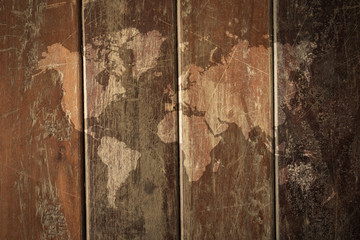 Wood texture background , process in vintage style with world map