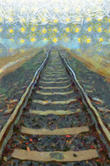 railroad goes into the mist. gray misty autumn morning.