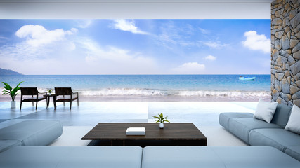 Obraz na płótnie Canvas modern room interior near beach with sky and sea view /3d render