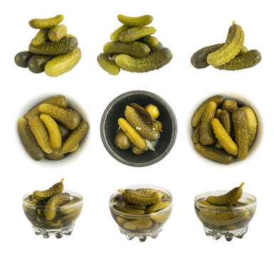 Set of Homemade Pickled Gherkins or Cucumbers Isolated