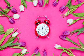 clock and tulips
