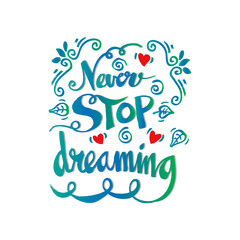 Never stop dreaming Inspirational text motivational poster.