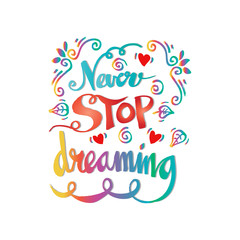 Never stop dreaming Inspirational text motivational poster.