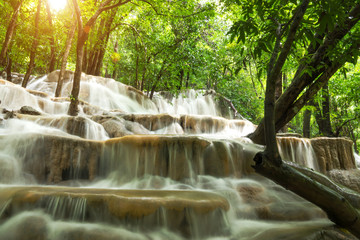 Limestone waterfall in the rainforest, Thailand.