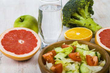 Food for diet  on a wooden table.