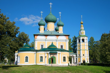 Transfiguration Cathedral close up in the sunny August afternoon. Uglich, Golden Ring of Russia