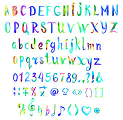 Hand painted, handwritten watercolor font with symbols and numbers, bright colors of rainbow (green, blue, yellow), isolated