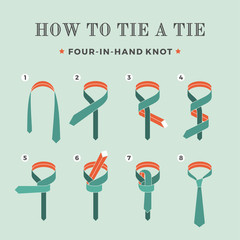 Instructions on how to tie a tie on the turquoise background of the eight steps. Four in Hand knot . Vector Illustration.