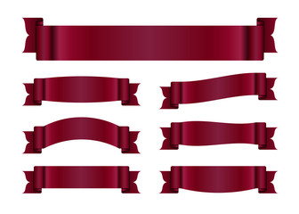 Red ribbons set. Satin blank banners collection. Design label scroll blanks element, isolated on white background. Empty template for greeting or advertising. Symbols decoration. Vector illustration.
