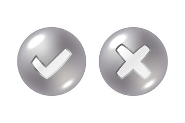Tick and cross silver metallic sign element. Gray steel checkmark OK, X icon on white background. Check marks graphic design. YES and NO button for vote, decision, choice, web Vector illustration