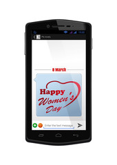 Realistic smartphone with the screen on isolated on white background. Mobile phone with the included screen with congratulations with the Women's Day. SMS-message to the 8 March. Vector illustration