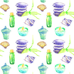 Basalt stones for massage with bamboo shoots, scented candles, aroma oils, sea shells, seamless pattern hand painted watercolor illustration