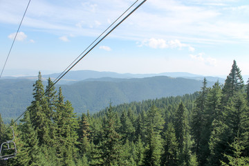 Beautiful landscape with pine trees in a mountain when using ski lift in summer